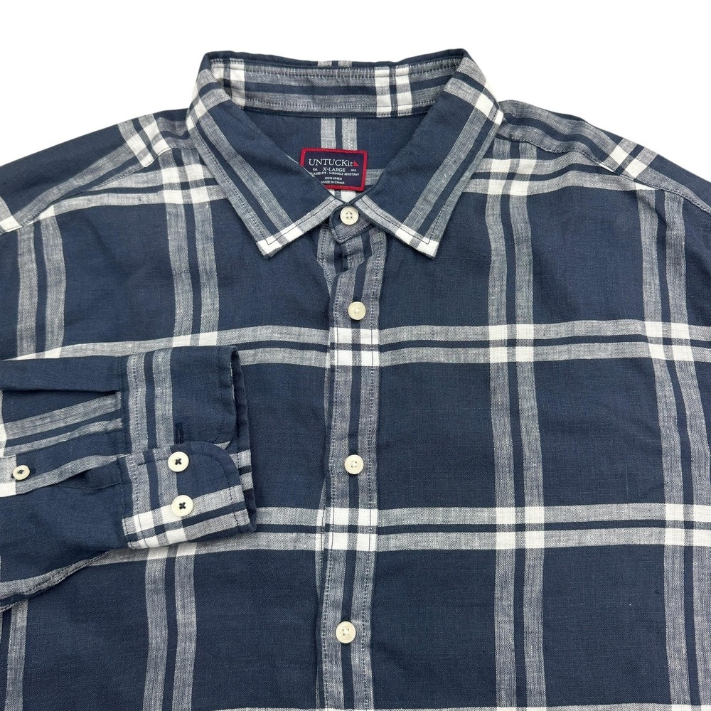 UNTUCKit Shirt Mens XL Blue Plaid Linen Long Sleeve Relaxed Fit Button Front